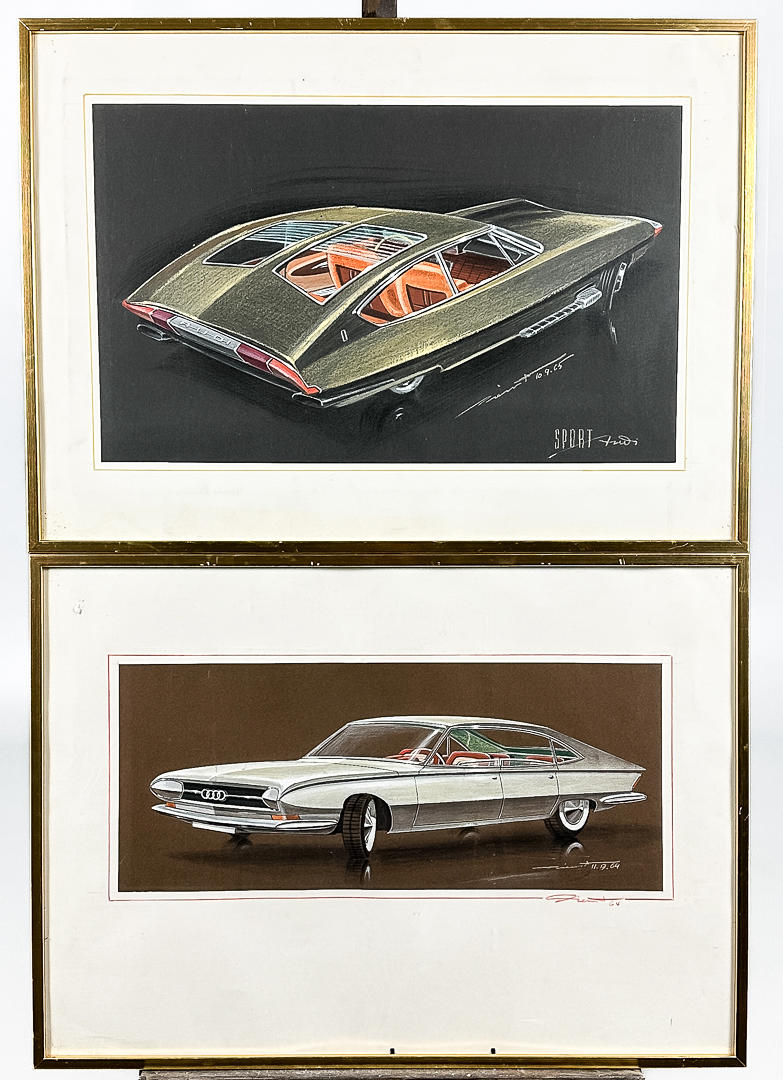TWO COLOUR LITHOGRAPHS, “Audi”, signed, dated 60s.