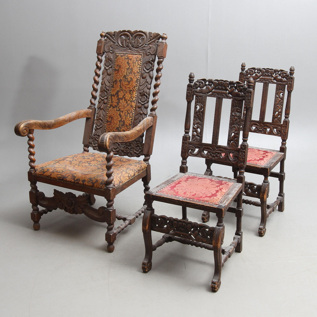 KARMSTOL samt STOLAR, 3 delar, barockstil, 1900-talets först ahälft.