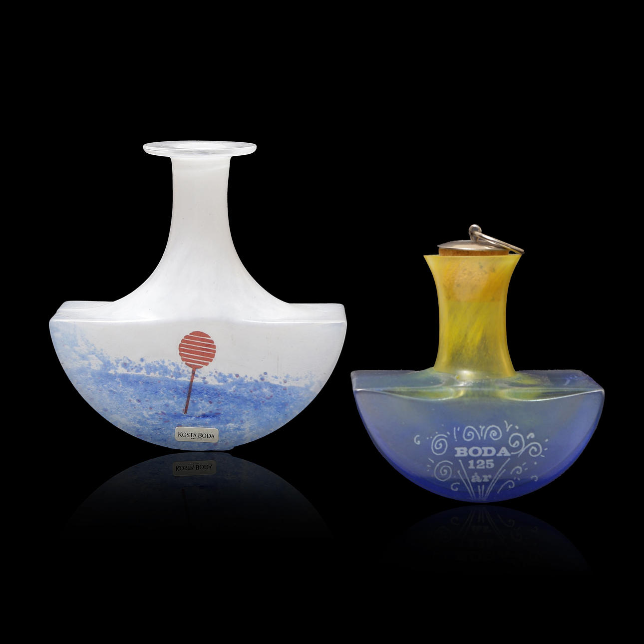 KJELL ENGMAN. 2 BOTTLES, 1 SIGNED, COSTA BODA.