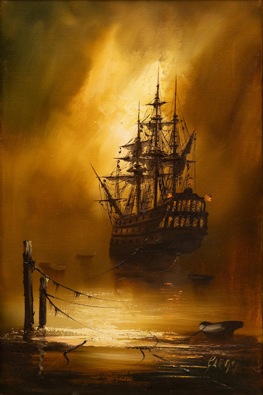 OIDENTIFIERAD KONSTNÄR. Sailing ship in backlight, England, oil on canvas, indistinctly signed.