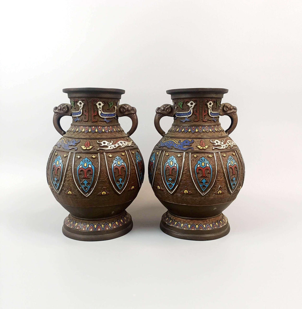 EARLY 20THC CLOISONNE ENAMELLED BRONZE VASES.
