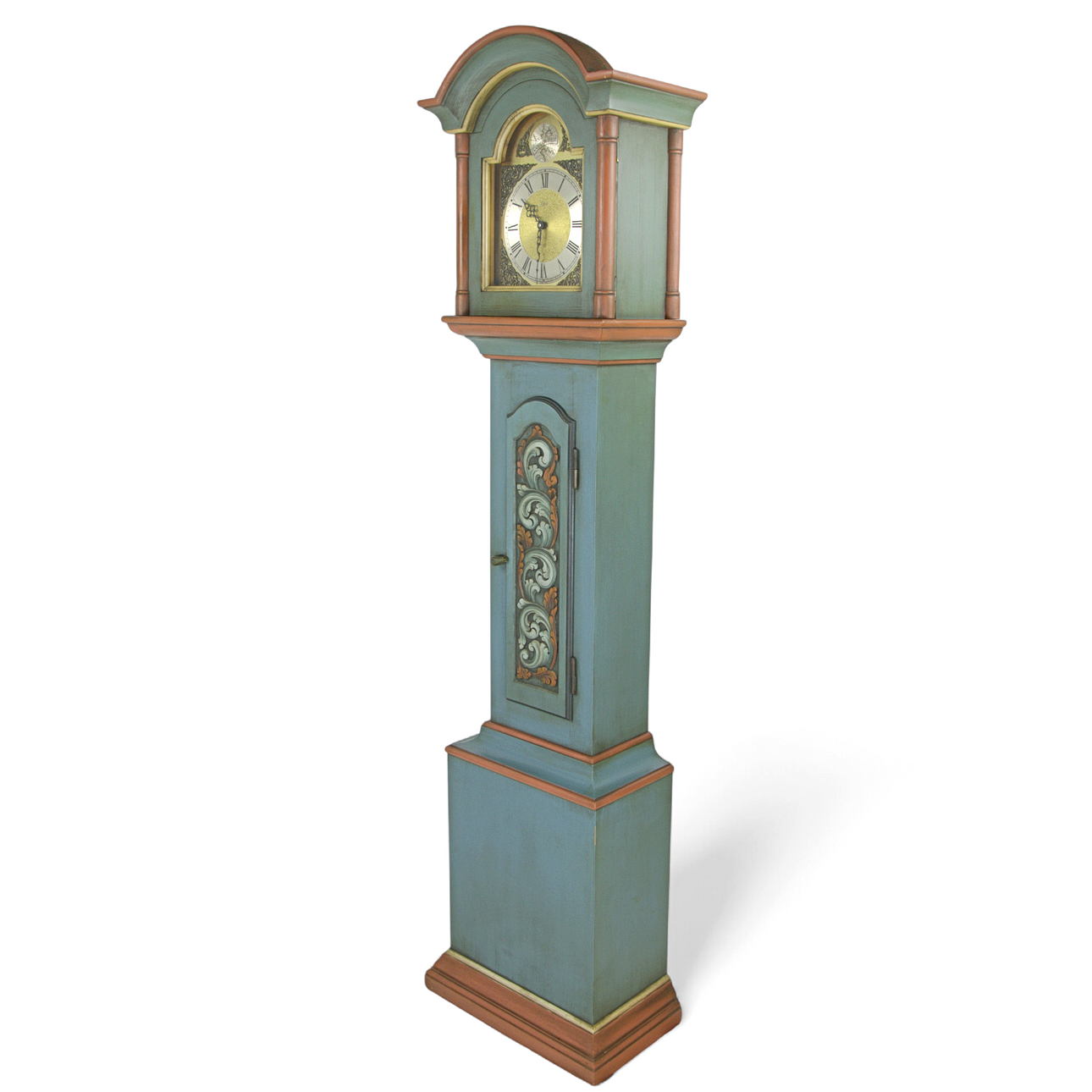 A painted pine floor clock, Tempus Fugit, Krogsnäs, Norway, 1970s.