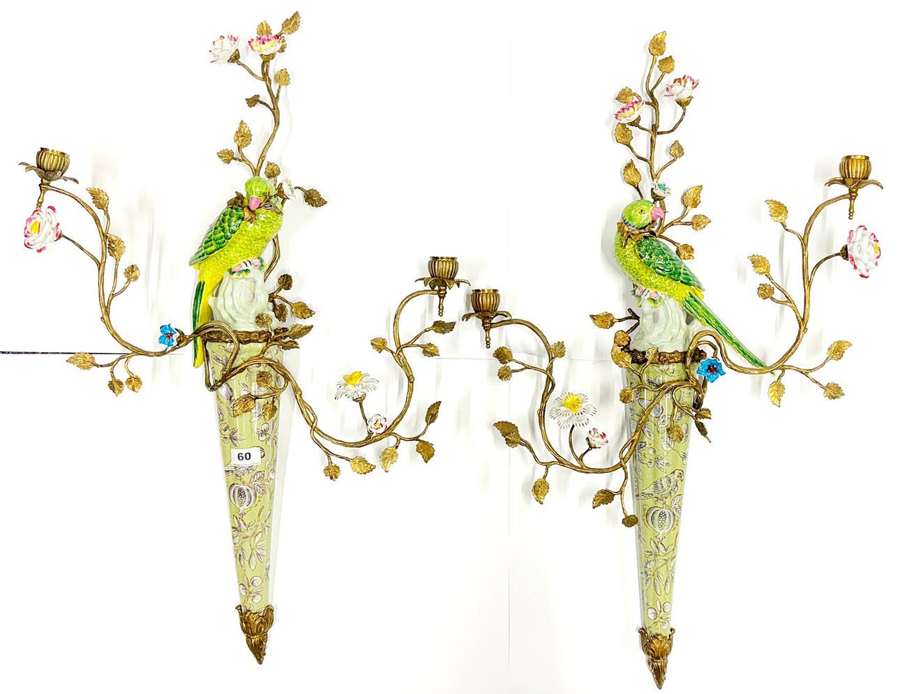 PAIR ORMOLU MOUNTED PORCELAIN WALL CANDLE HOLDERS.