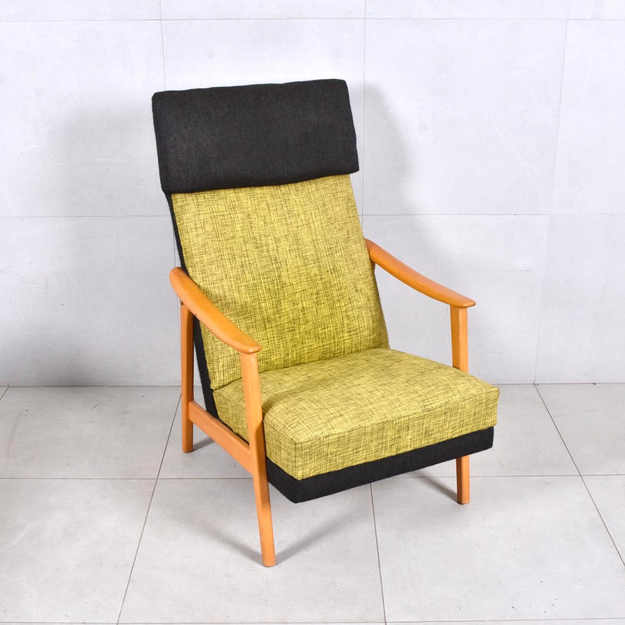 ARMCHAIR, beech with two-tone wool upholstery.