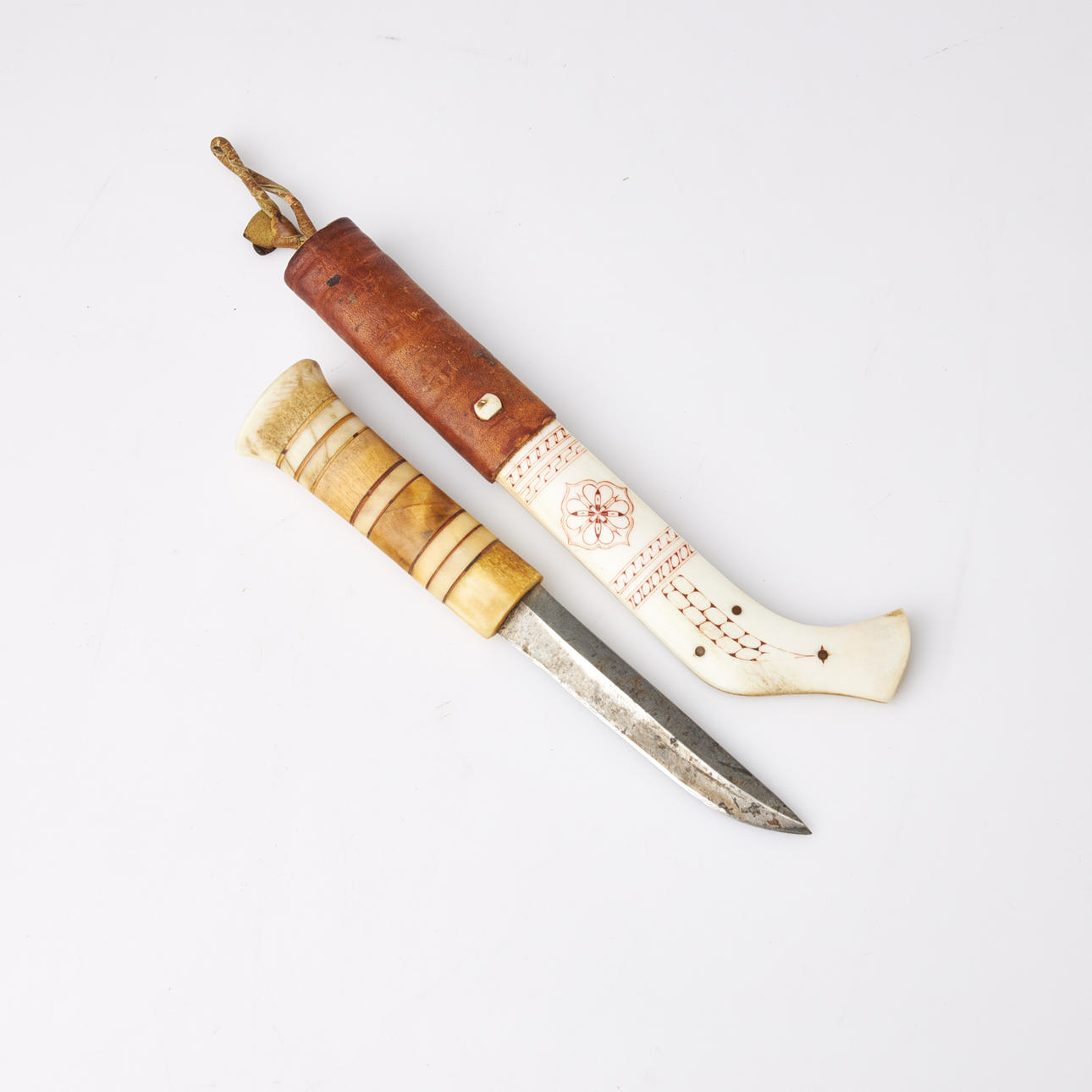 KNIFE. Half horn, signed, unidentified craftsman.