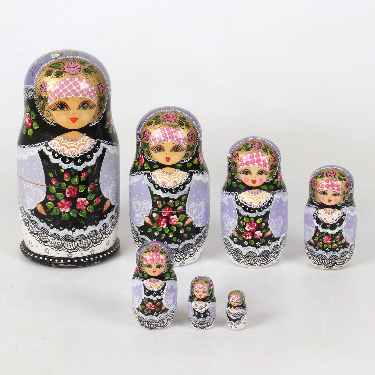 BABUSHKA, 7 st dockor, bemålat trä, Sovjet, 1900-tal.