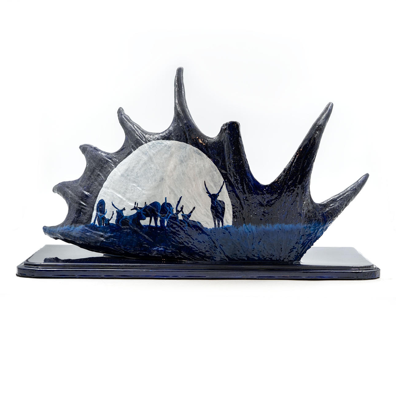 FJÄLLDESIGN NINA SÖDERSTRÖM. Painted Elkhorn, Artwork, “Moonlight reindeer”, Signed, Pike.