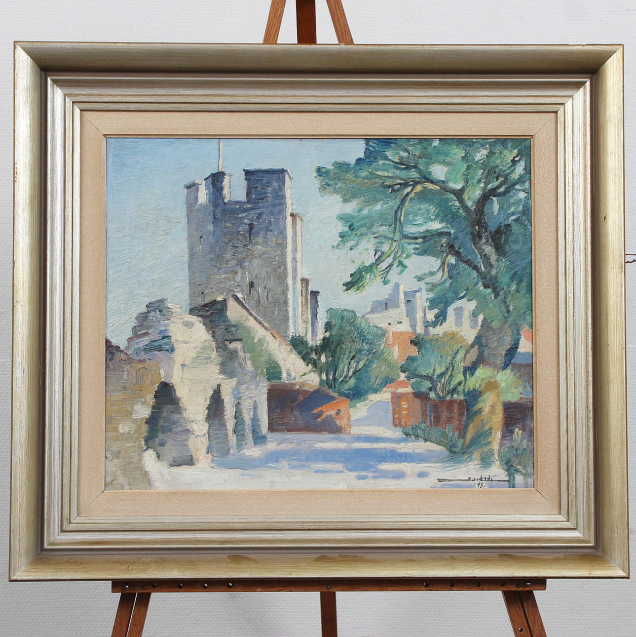 STIG JONZON. “SILVERHÄTTAN, VISBY IN DINNER LIGHT” OIL ON PANEL, SIGNED, DATED -49.