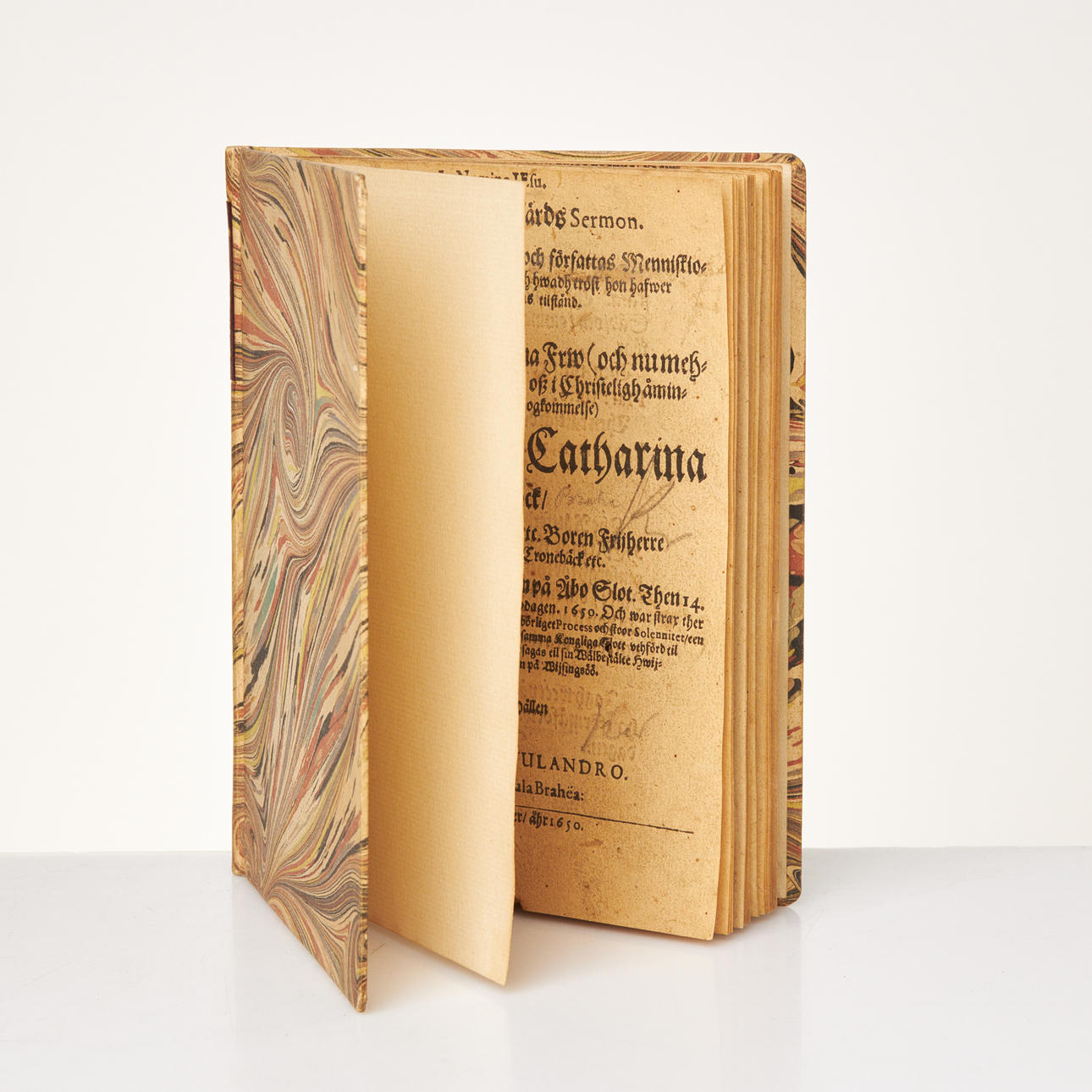 SERMÓN ECLESIÁSTICO (sermón) sobre Christina Catharina Stenbock, 1650, Jonas B Betulander, grabador Henrik Keyser, más tarde banda de cartón jaspeado (G Hedberg).