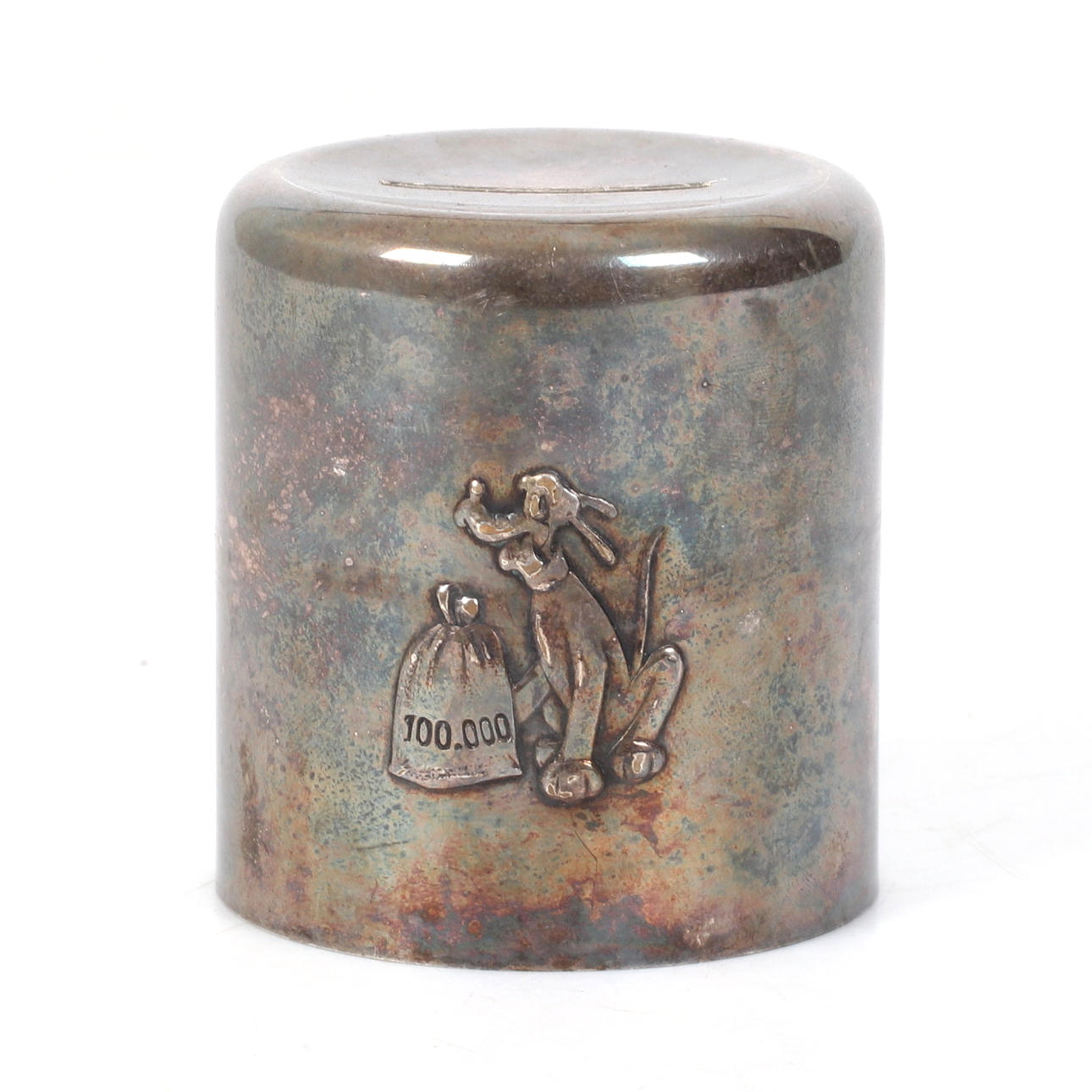 Pengeboks, nysølv med reliefindretning af Pluto, Disney.