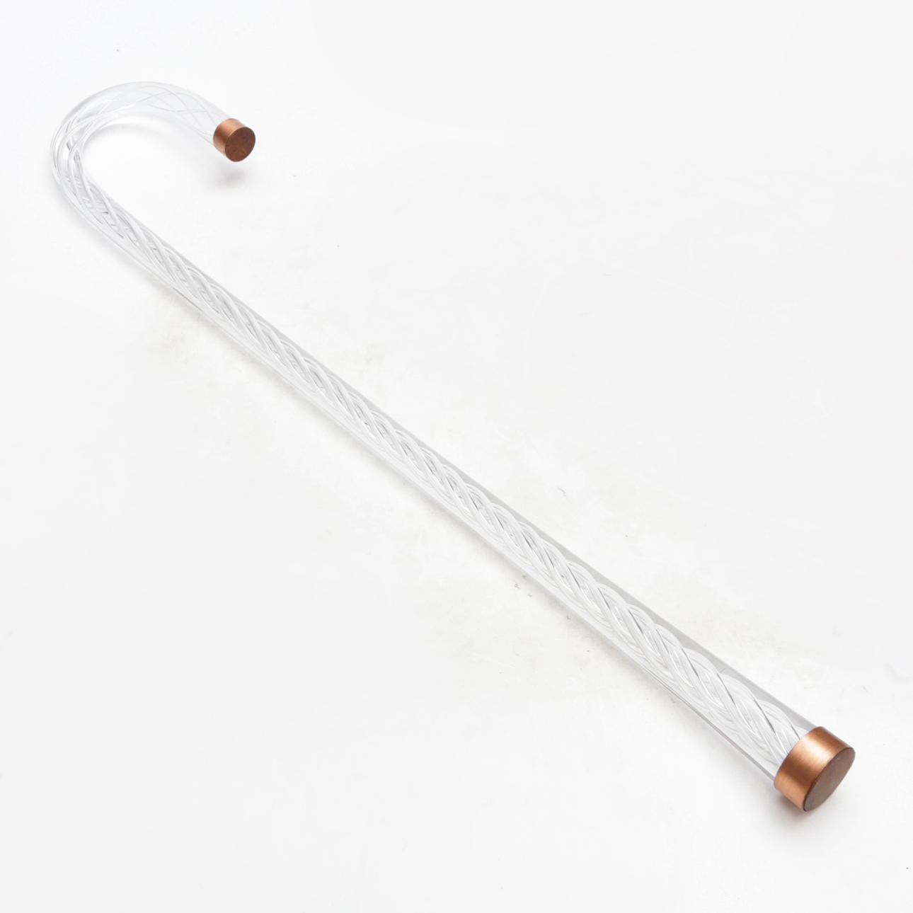 A cane, glass, decorated with air spirals, and cups at both ends.