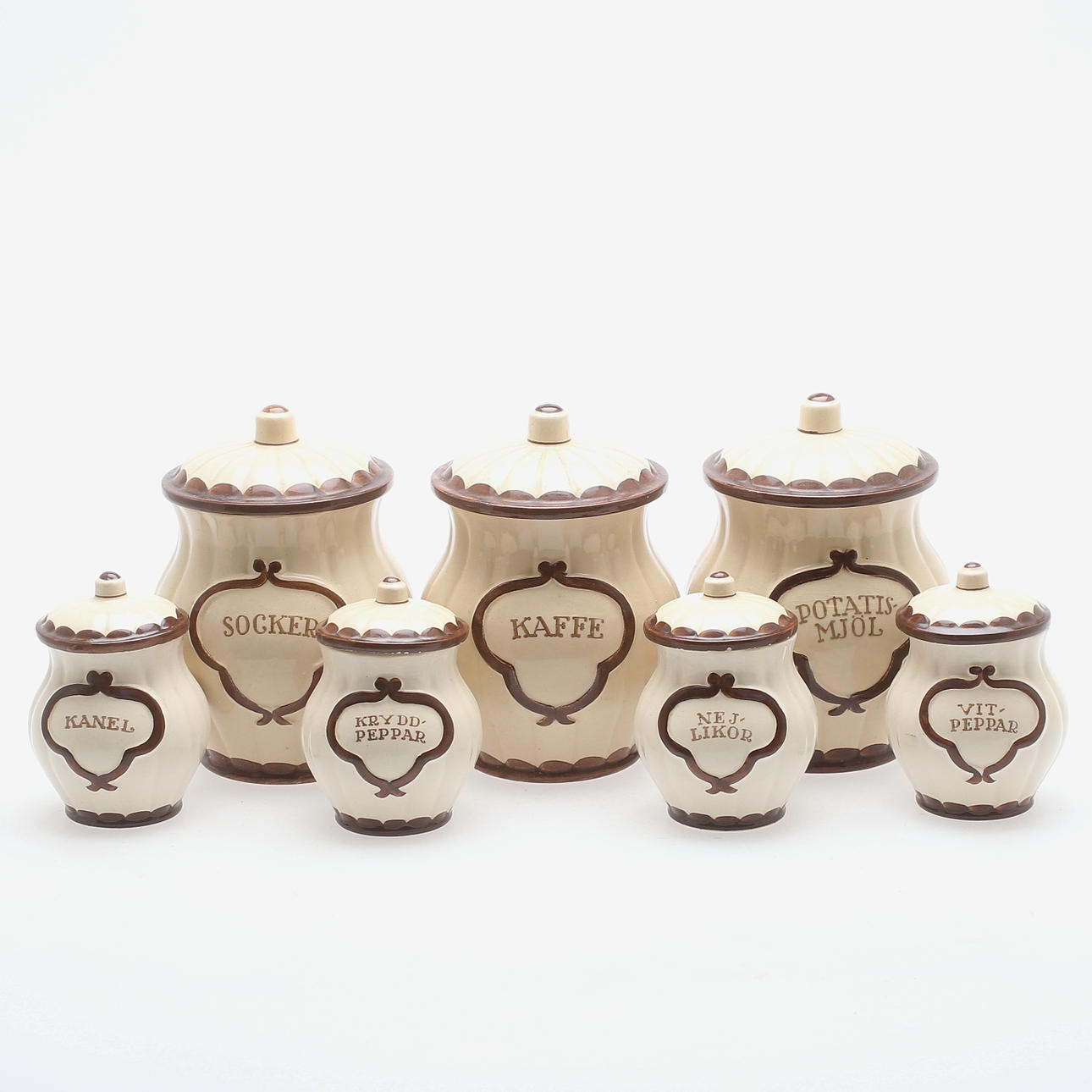 KRYDDBURKAR, 7 st, flintgods, "Pyro", Wilhelm Kåge, Gustavsberg, 1900-talets andra kvartal.
