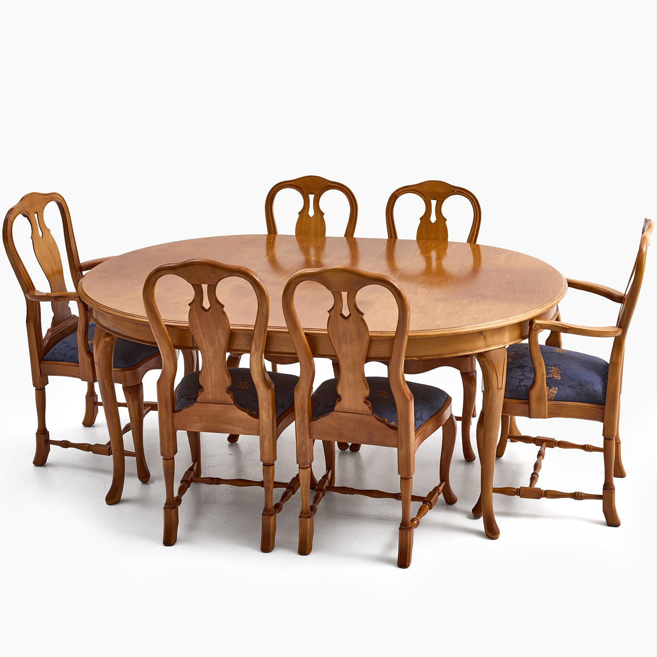 DINING ROOM GROUP, table with 3 inserts, 4 chairs, 2 armchairs, rococo style, stained hardwood.