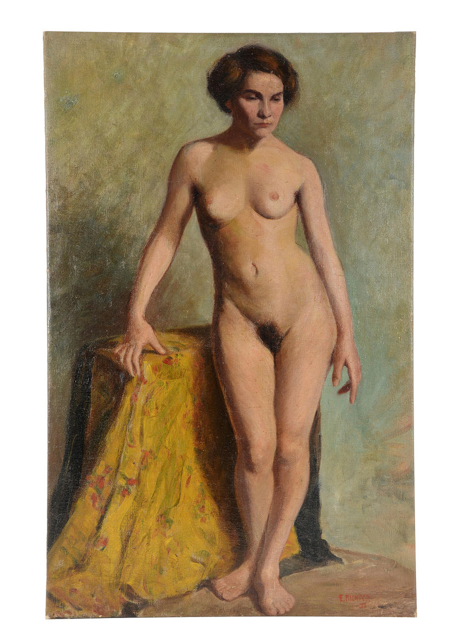OKÄND KONSTNÄR. Naken kvinna. Sign. E. Richter.
