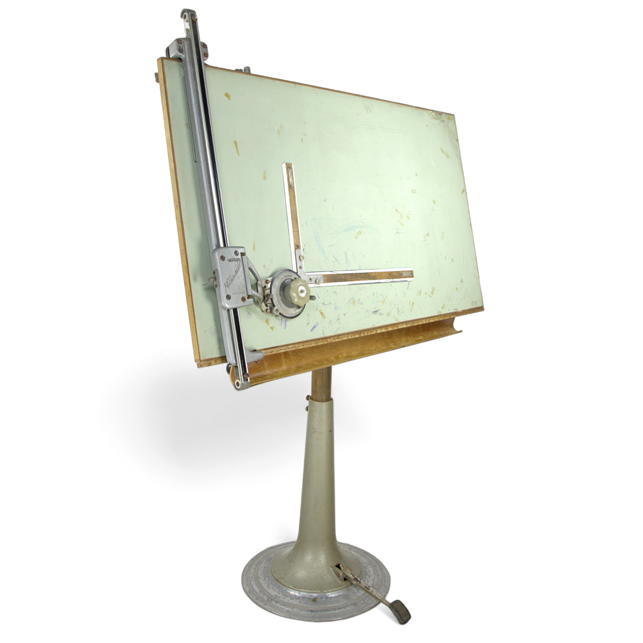 ARCHITECTURAL TABLE/DRAWING BOARD incl. DRAWING BOARD ACCESSORIES, NIKE, Eskilstuna partly hammer-lacquered metal, hydraulic height-adjustable stand and Nestler, Germany, circa mid 20th century.