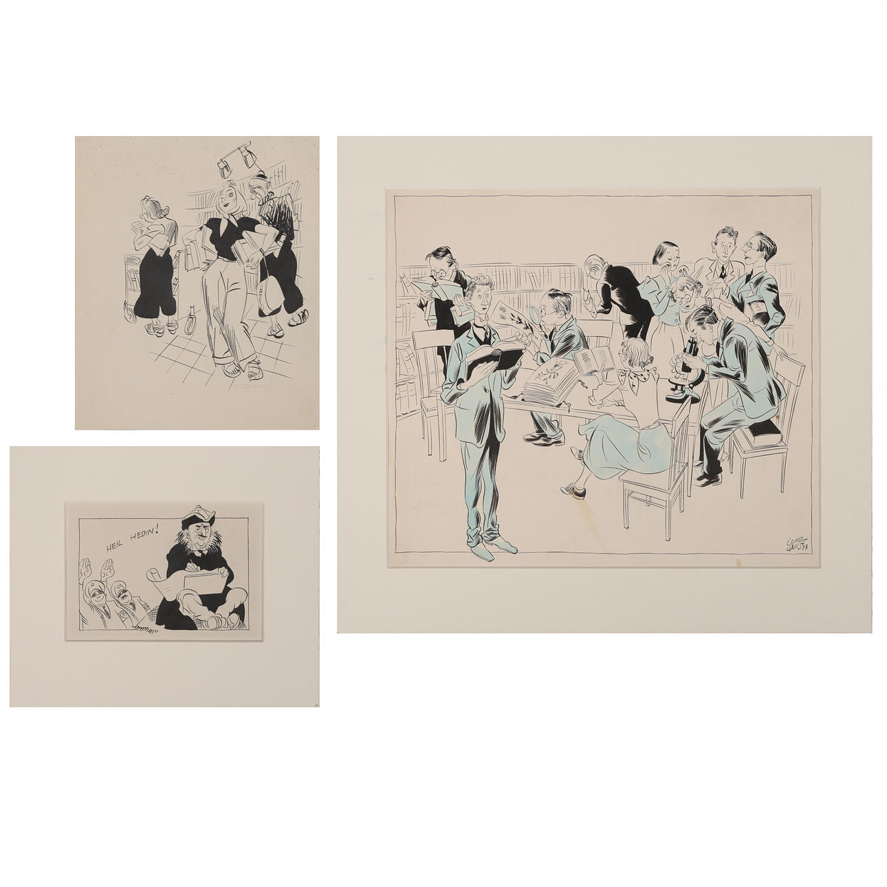 BIRGER LUNDQUIST. 3 ink drawings, satire. One signed and dated -33.