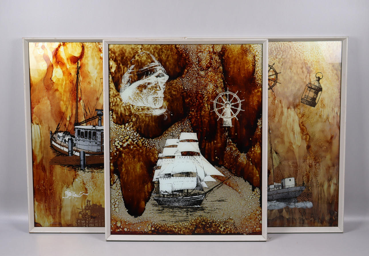 FLEMMING JENSEN, stained glass windows, maritime compositions, 3pcs.