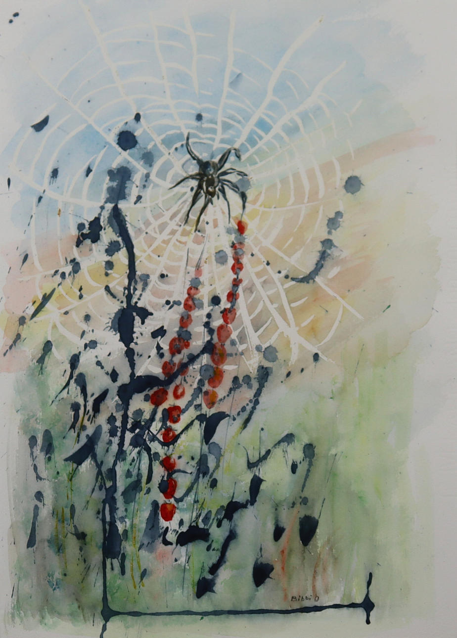 OIDENTIFIERAD KONSTNÄR. watercolor, spider in net.