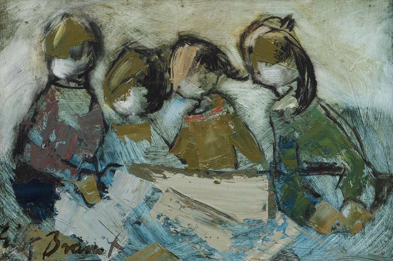 ERIK BRANDT. “Three siblings”, oil panel, signed.