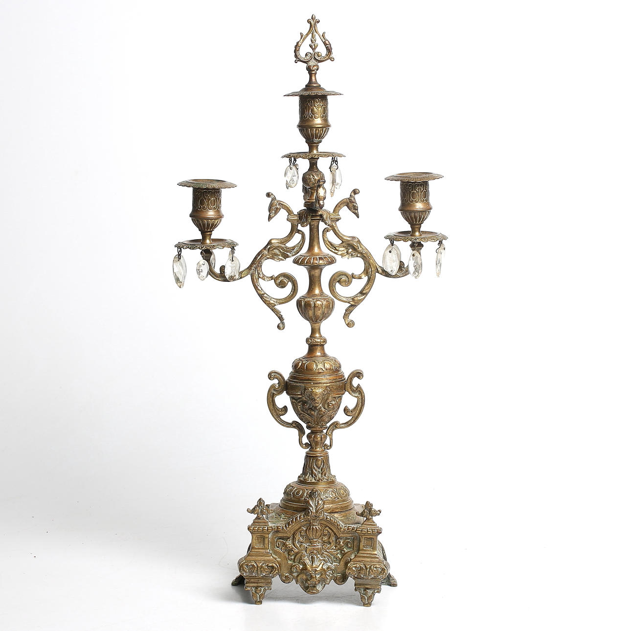 KANDELABER, mässing med prismor, 18/1900-tal.