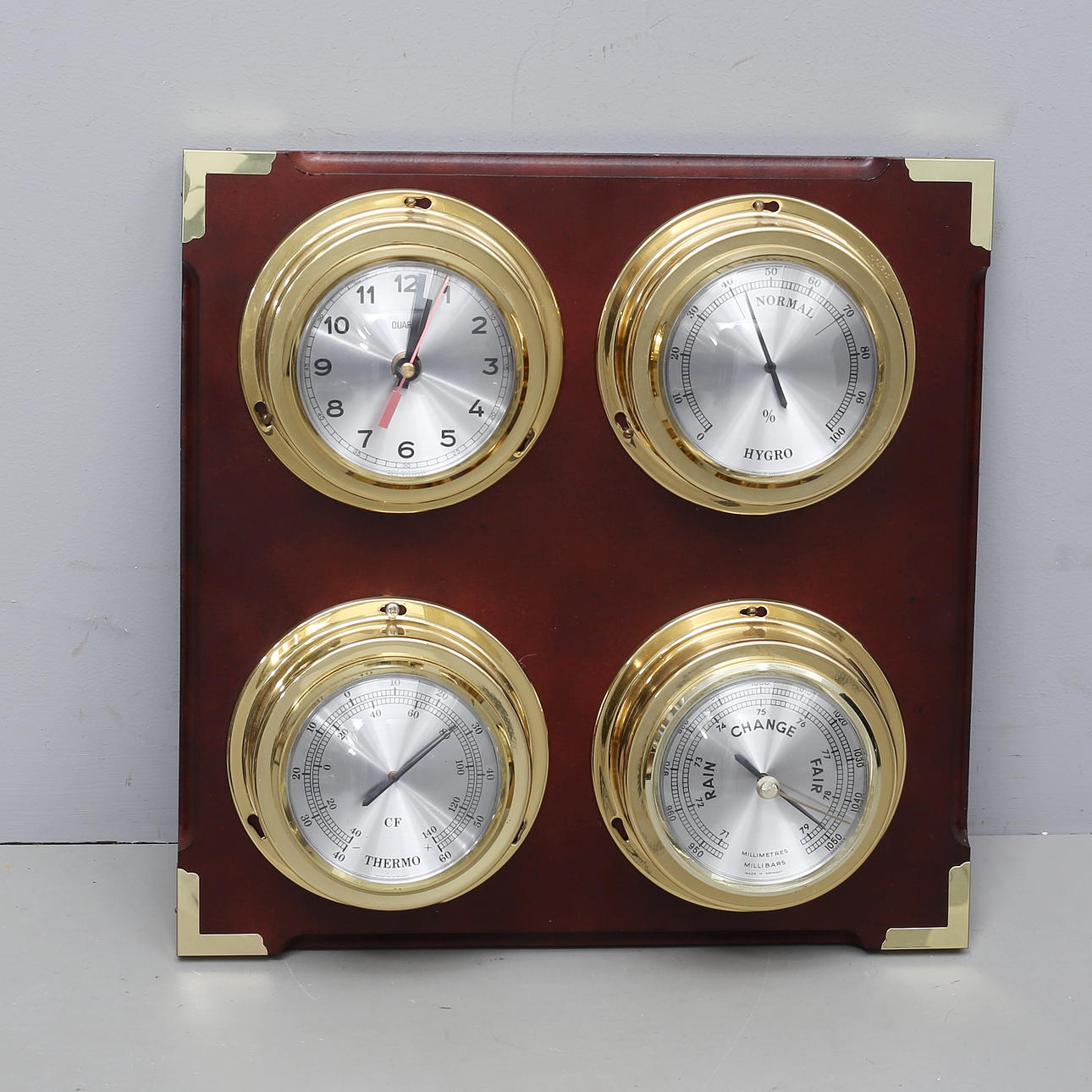 BAROMETER, HYGROMETER, TERMOMETER, SKIBSUR på træplade, Tyskland.