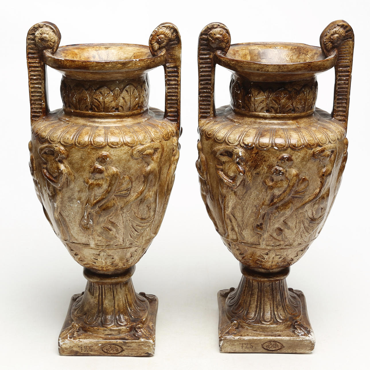 ORNAMENTAL URNS, 2 pcs, painted plaster.