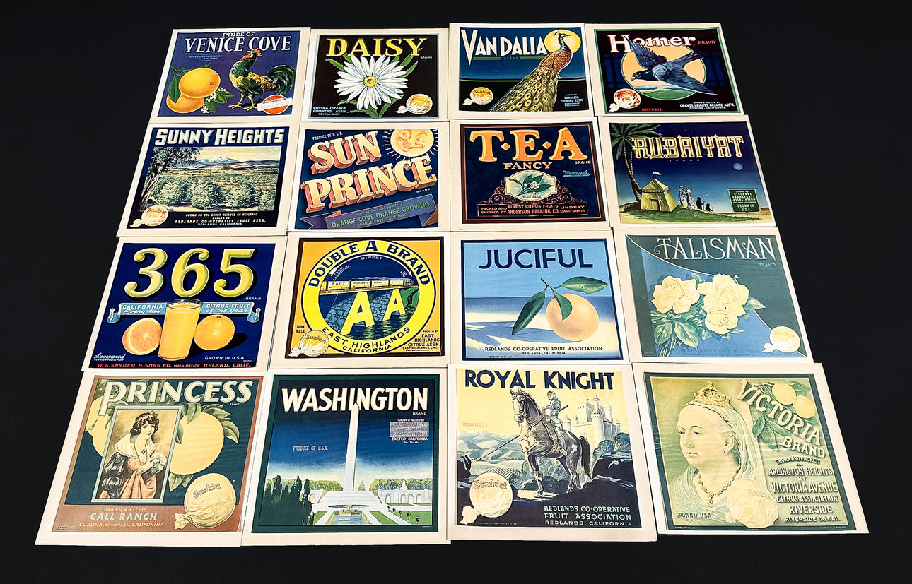 16 box labels, USA, 1930s/40s.