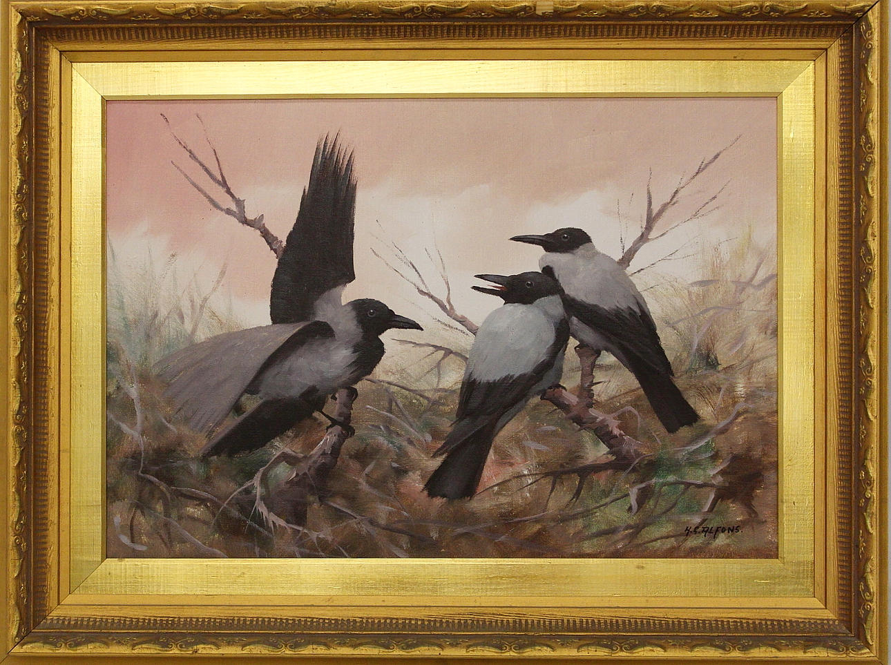 OIDENTIFIERAD KONSTNÄR. olja på duk, "Kråkor " signerad H. G. Alfons.