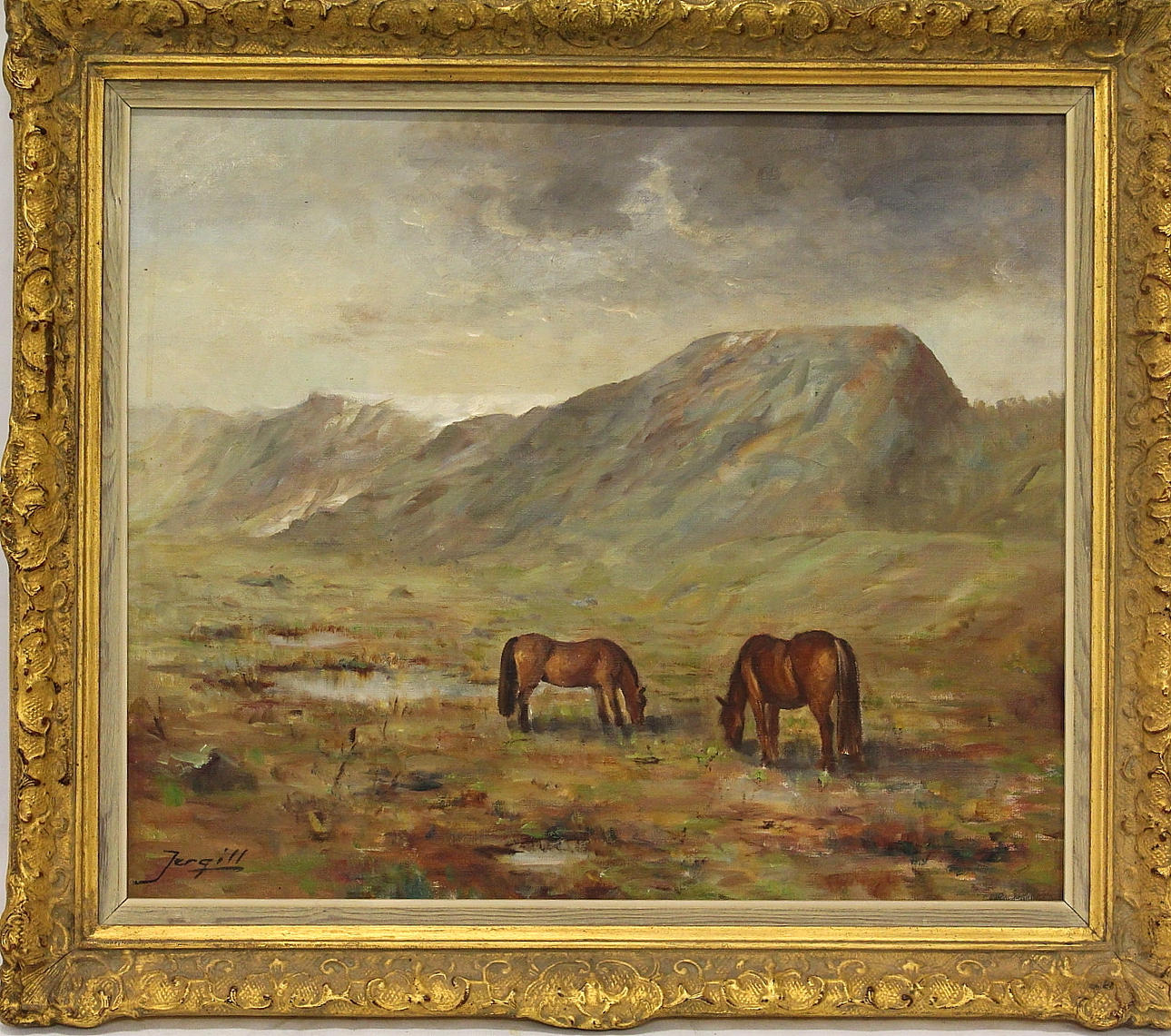 JERGILL, TORALF, "TORLEIF". olja på duk, "hästar " signerad Jergill.