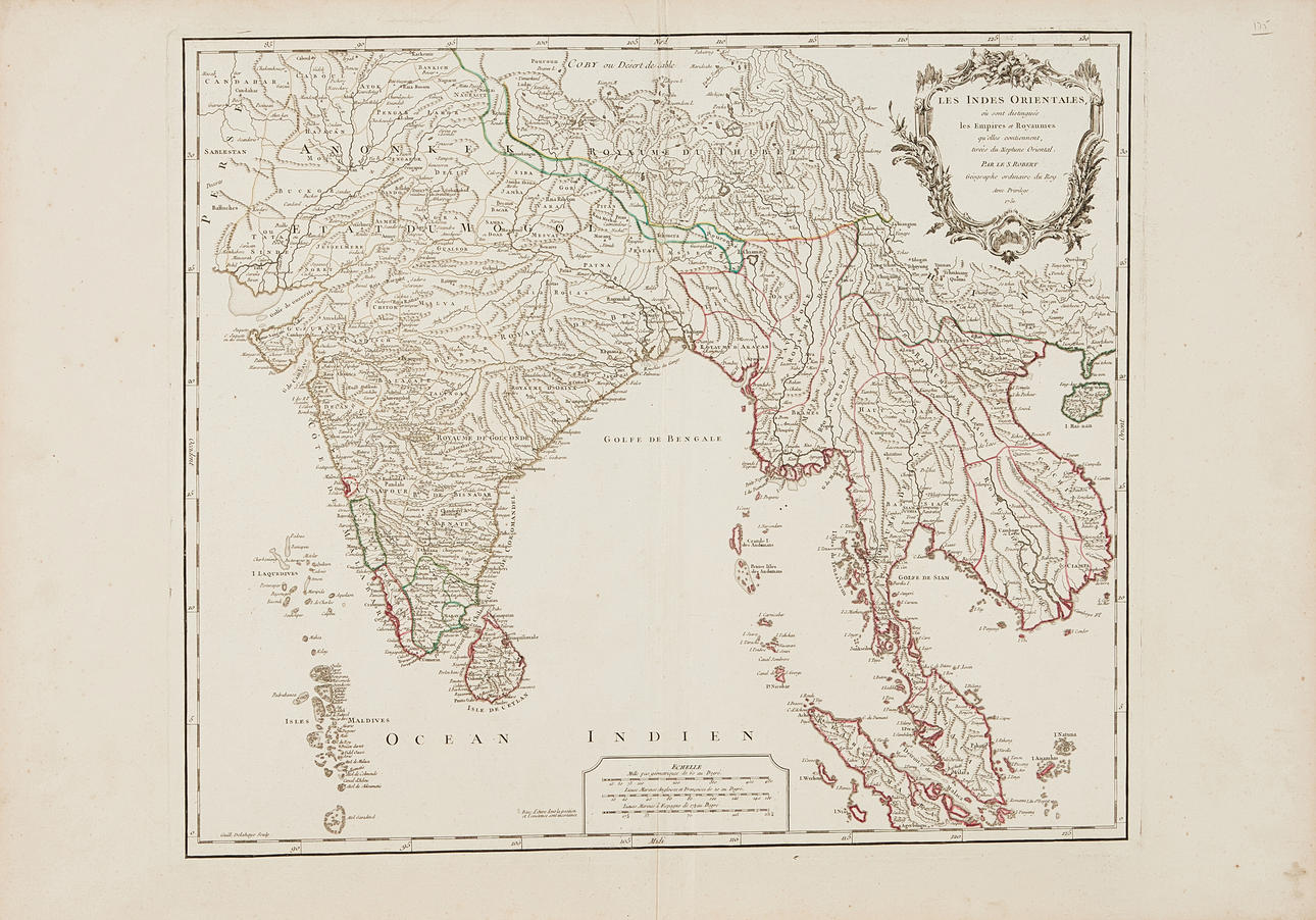 INDIA AND SOUTHEAST ASIA, BORDER COLORIZED MAP, ROBERT, 1751.