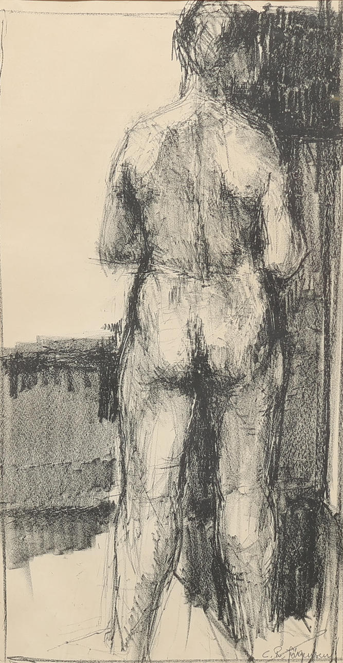 Ubekendt kunstner, litografisk tryk, modelstudie af nøgen kvinde, signeret, midten af 1900 tallet.