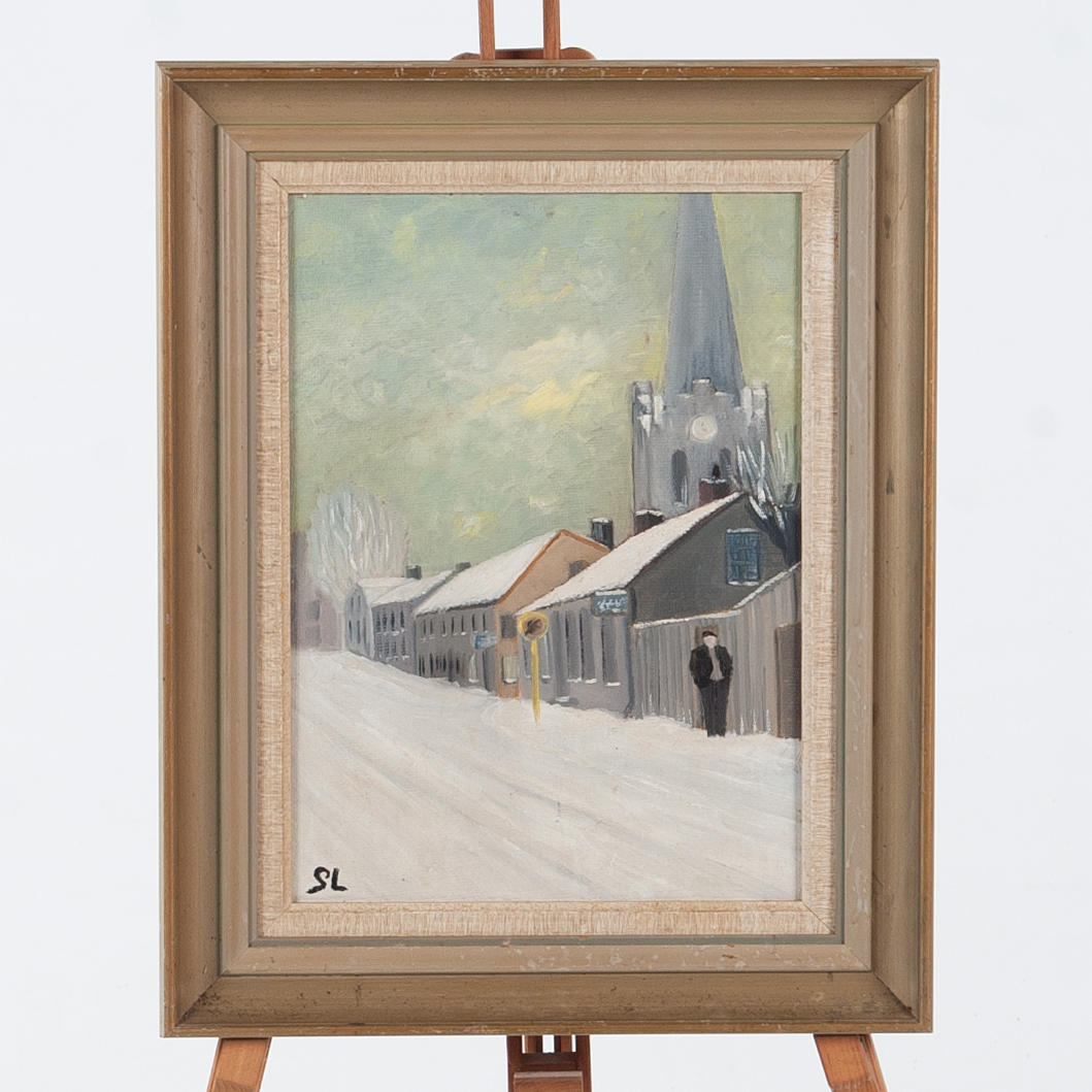 GUNNAR LARSSON. Öl auf Holz, Straßenansicht.