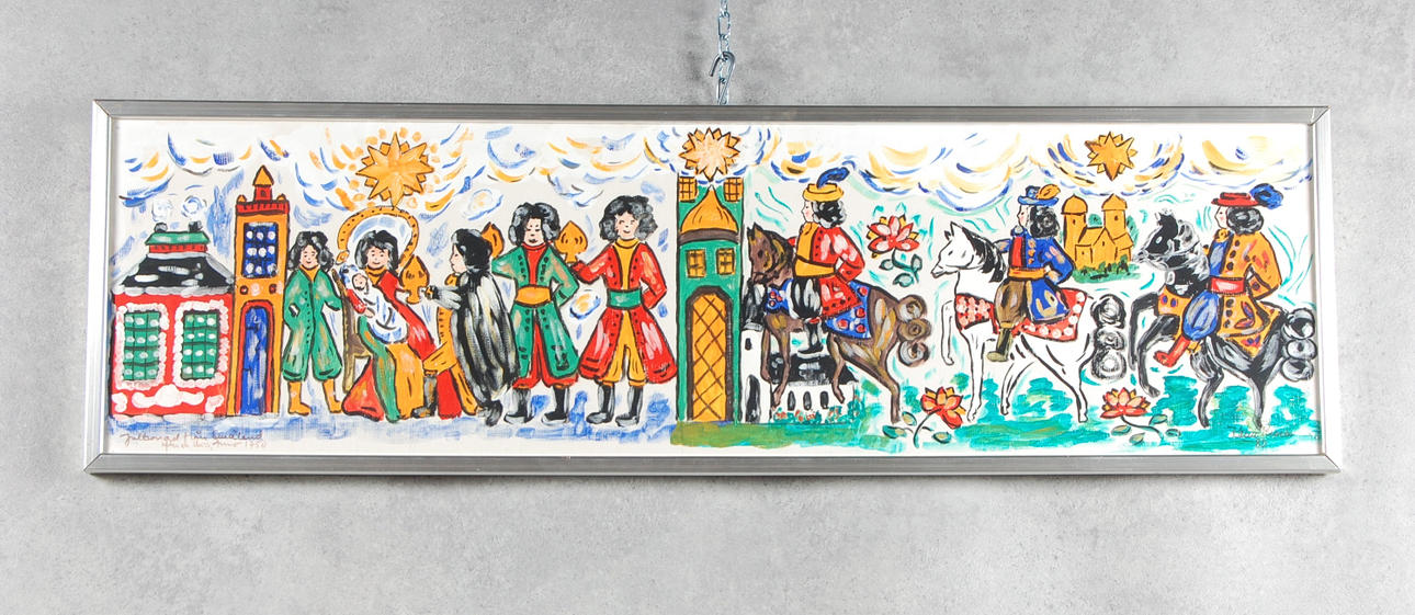 BONADSMÅLNING, efter 1700-tal bonad från Småland, signerad.