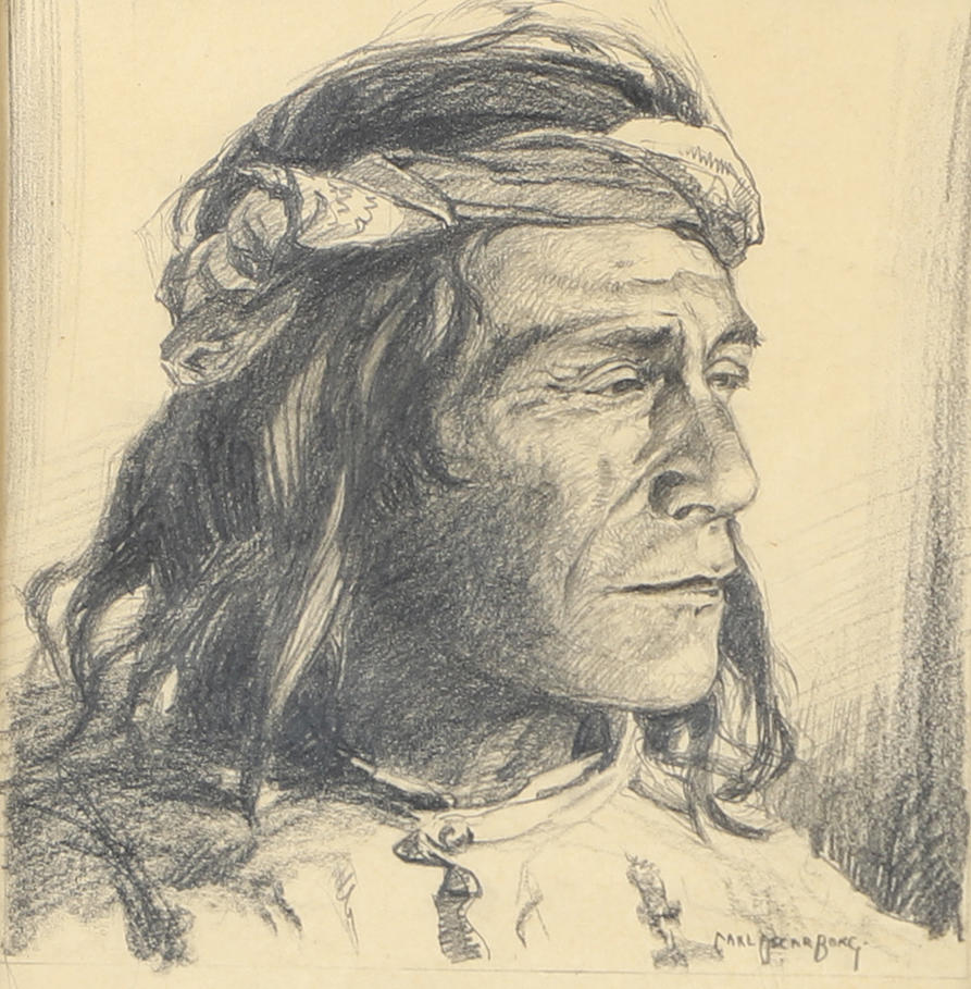 CARL OSCAR BORG. Indian portrait, drawing, signed.