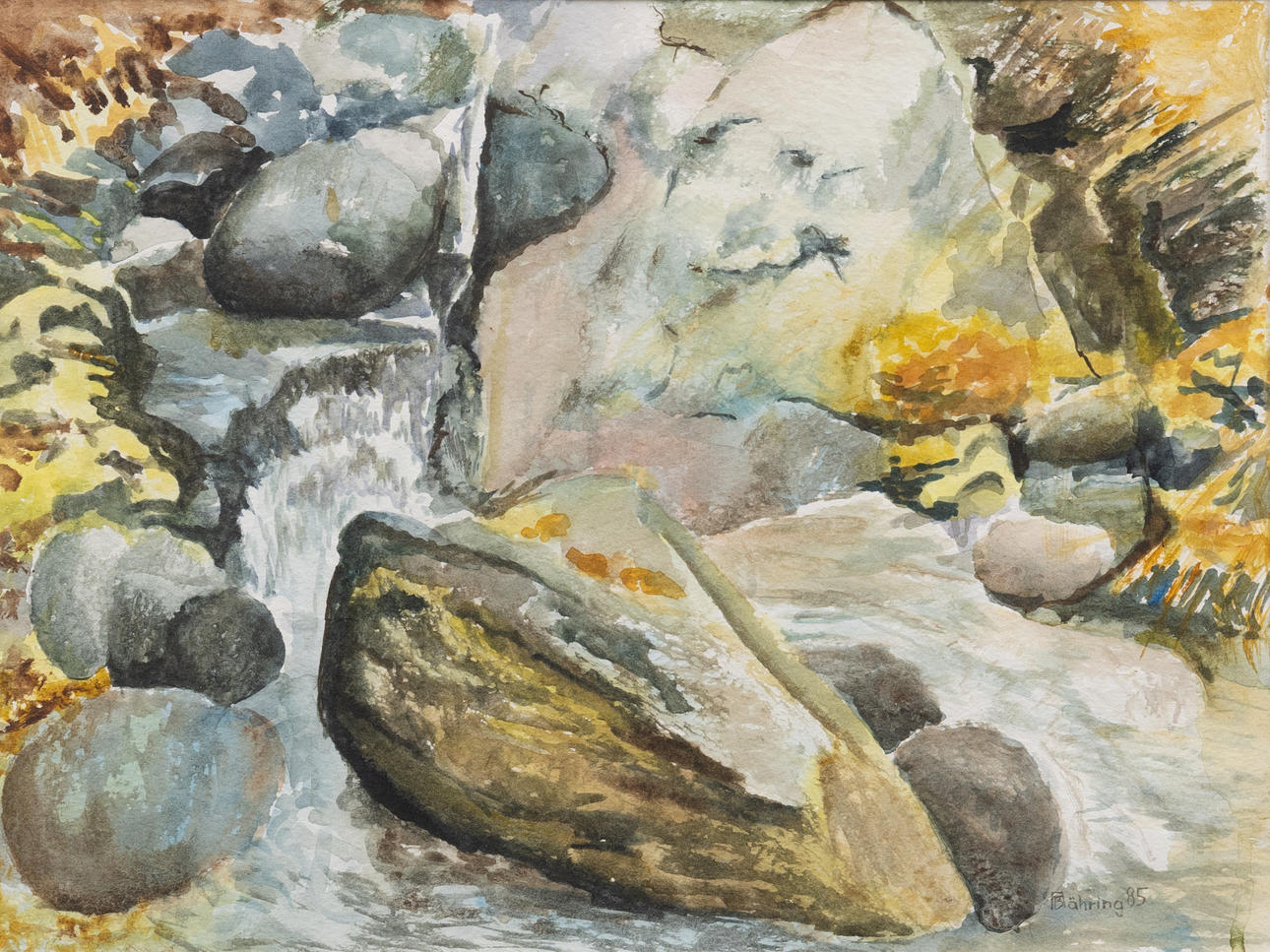 ANNELIESE BÄHRING-FAUST. Stentrollet in the brook, watercolour, signed and dated A Bähring -85.