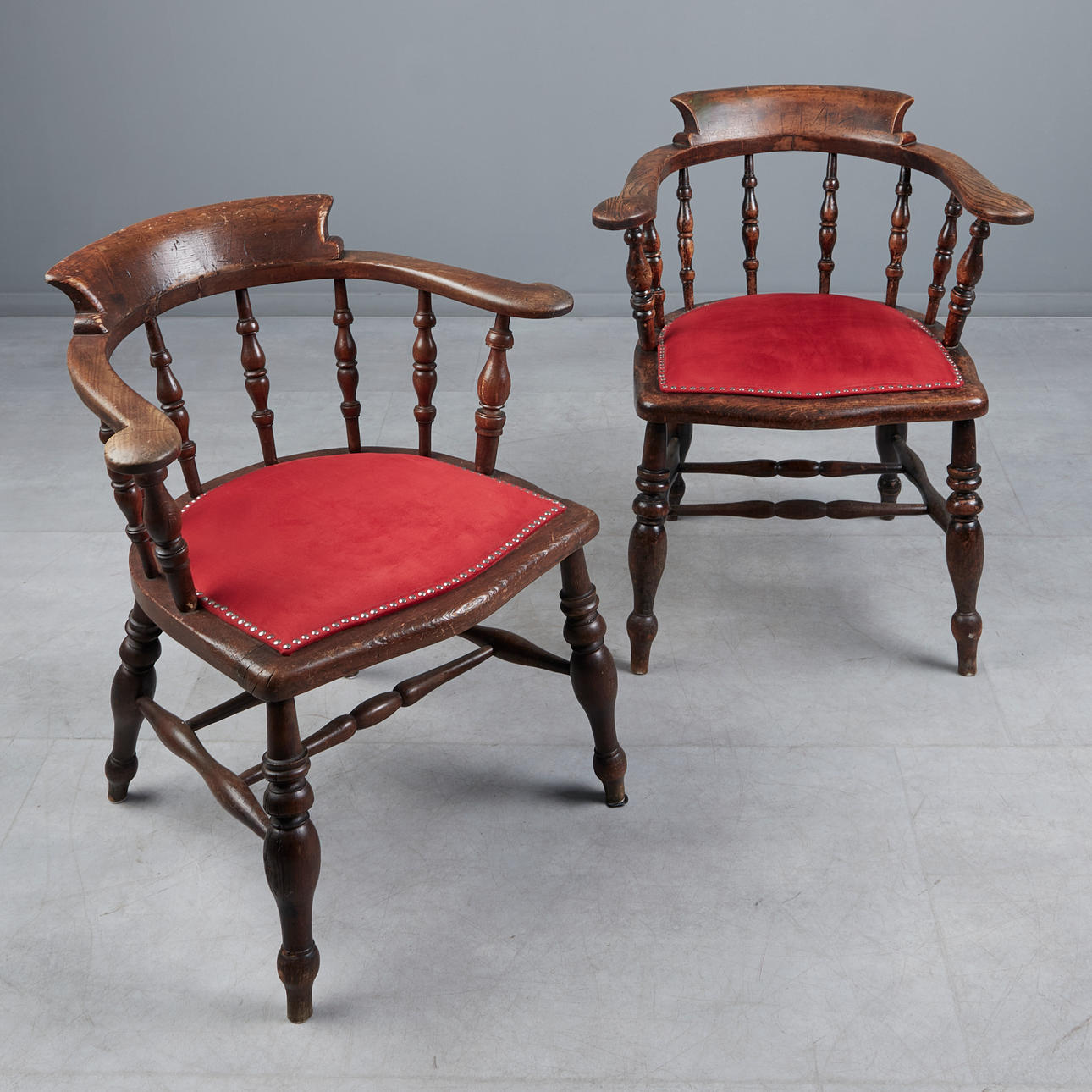 2 Captains Chairs, oak, red cantara fabric.