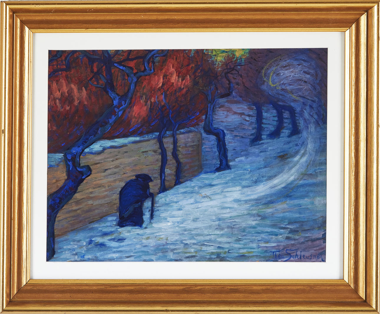 THEA SCHLEUSNER. Expressionist landscape, gouache on paper, signed.