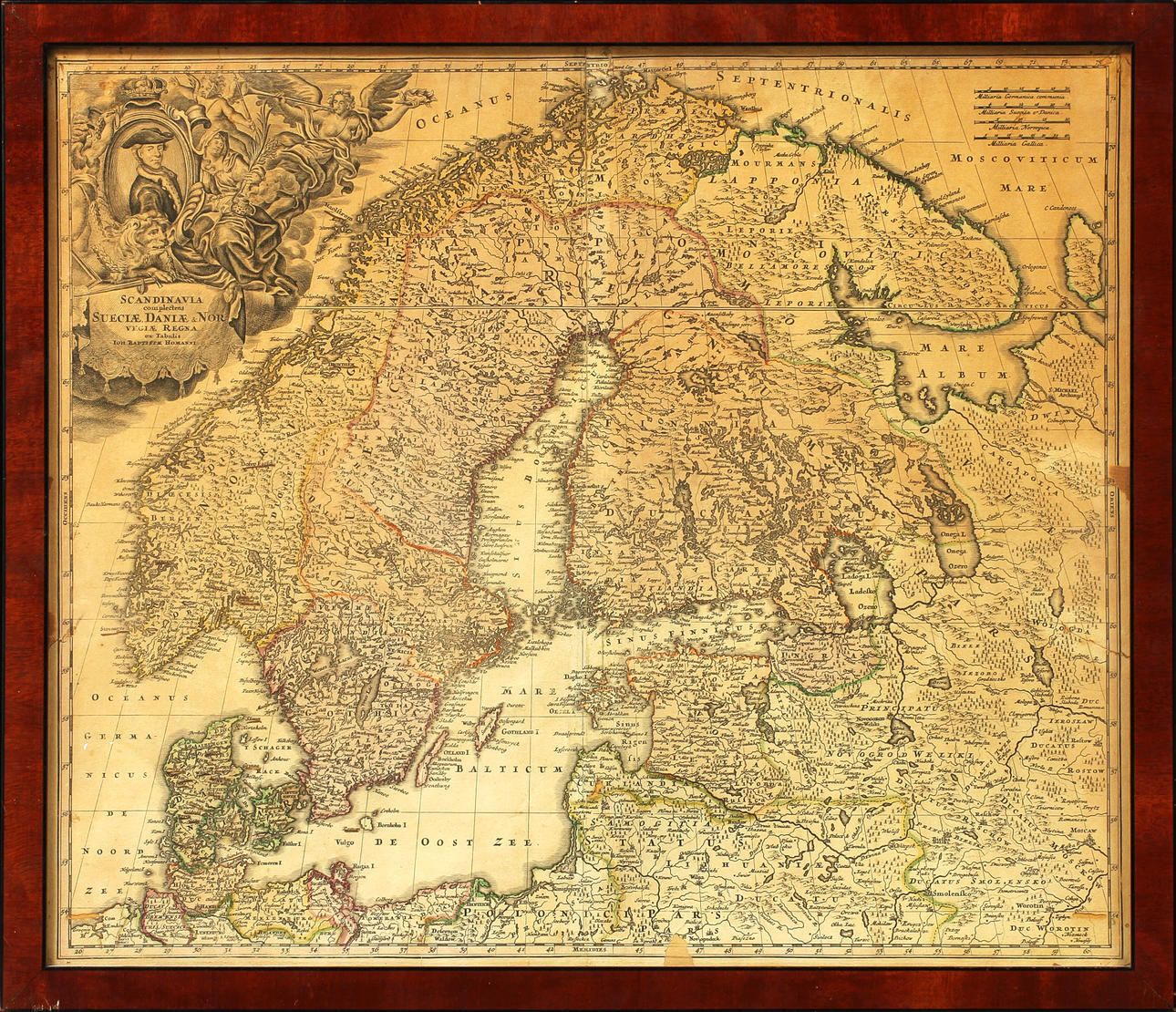 KARTA, "Scandinavia complectens Sueciae Daniae & Norvegiae Regna ex Tabulis", Johann Baptist Homann. 1700-talets första hälft.