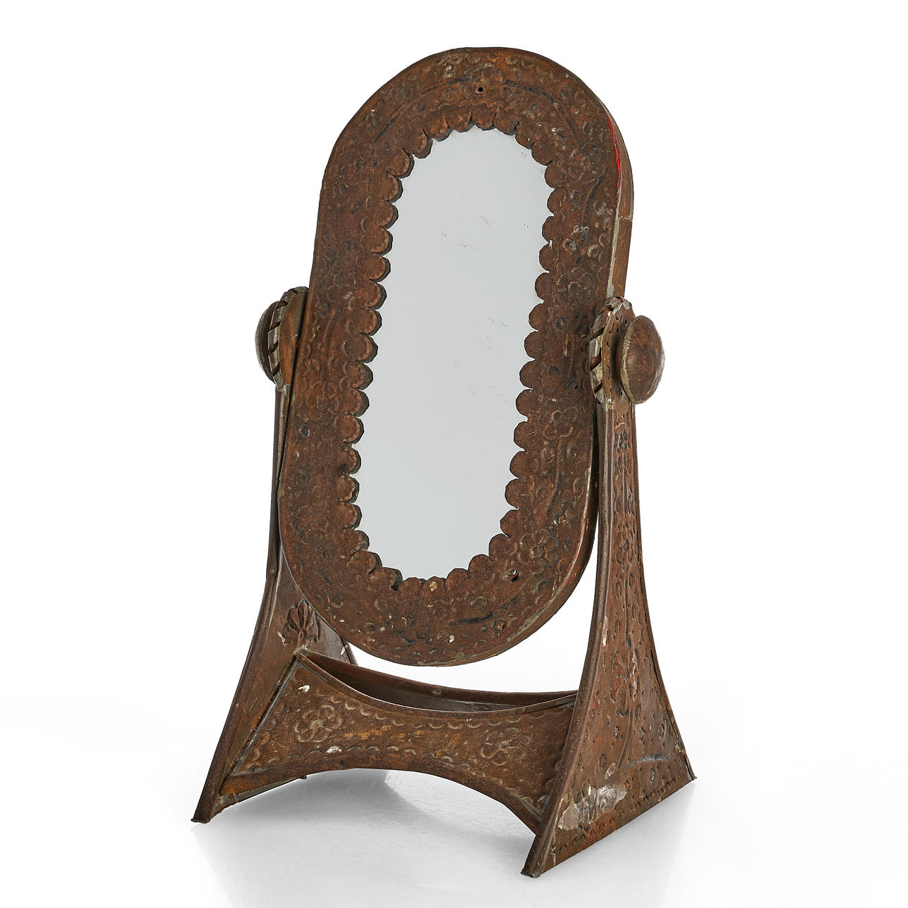 TABLE MIRROR, with frame and foot in punched sheet.