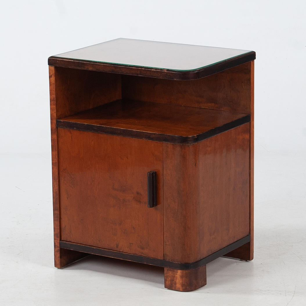 BEDSIDE TABLES. Funkis, Glass top, with cabinet, Birch.