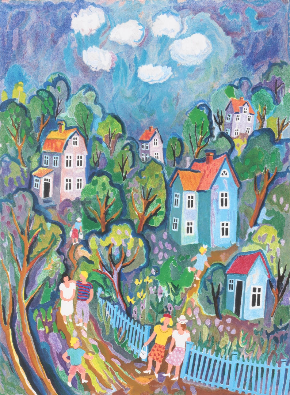 JÖRAN NYBERG. Villaidyll, lithograph in colours, signed EA edition.