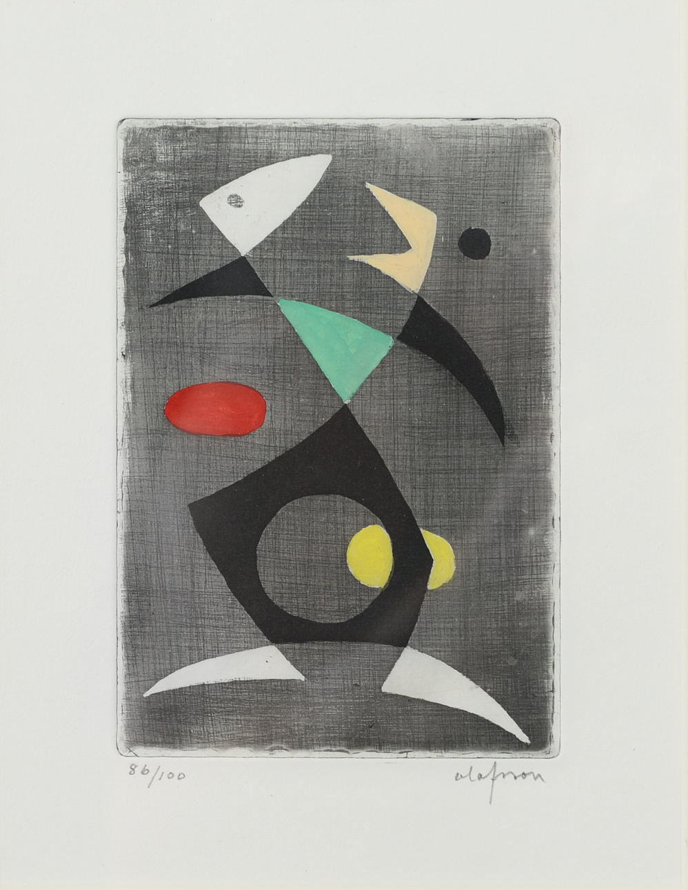 PIERRE OLOFSSON. Composition from the portfolio “Wind witches”, etching with hand-coloured gouache, signed and numbered 86/100.