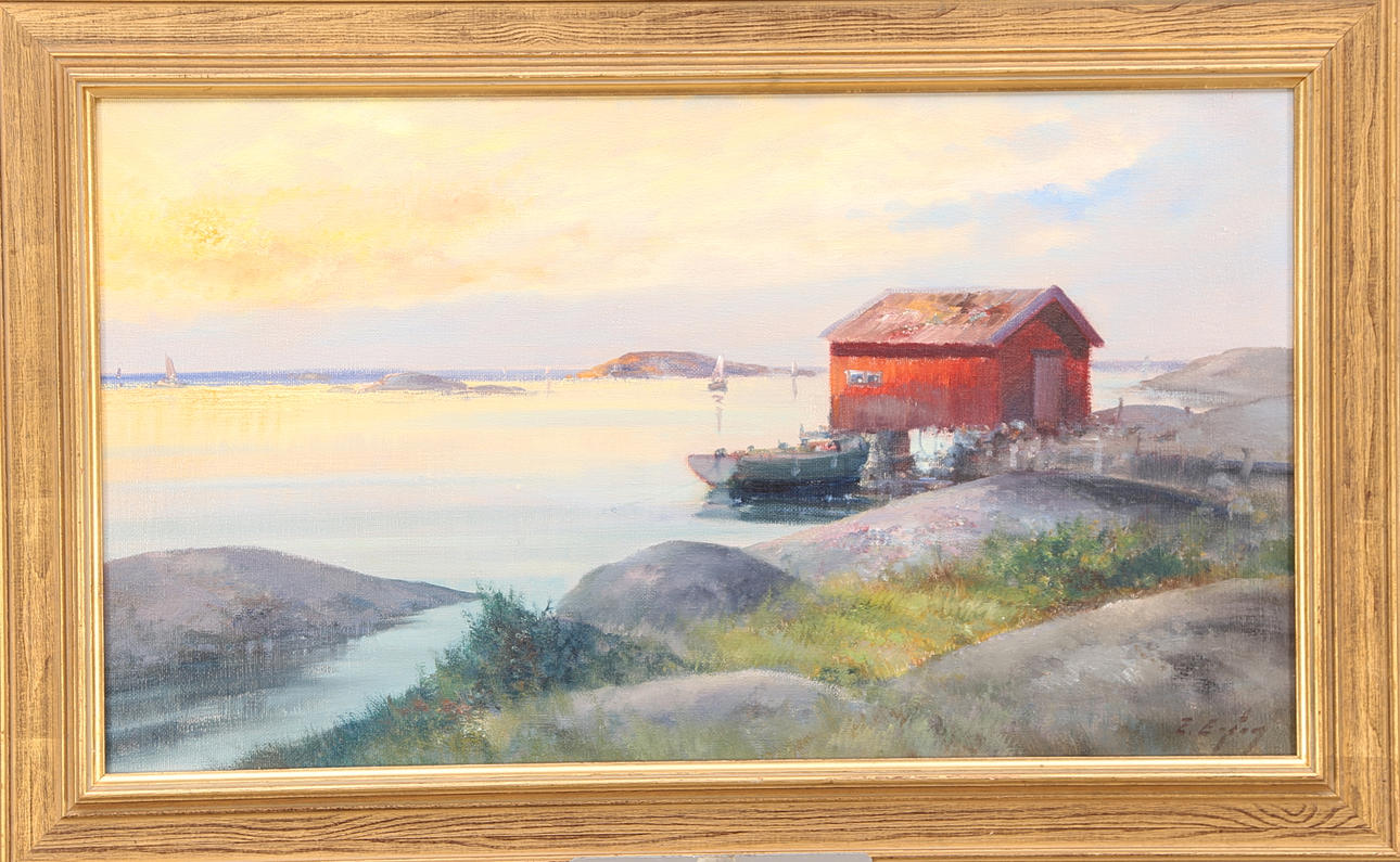 TAGE ERIK HELGE ERIKSSON. olja duk, signerad T.Eriksson, båt vid sjöbod.