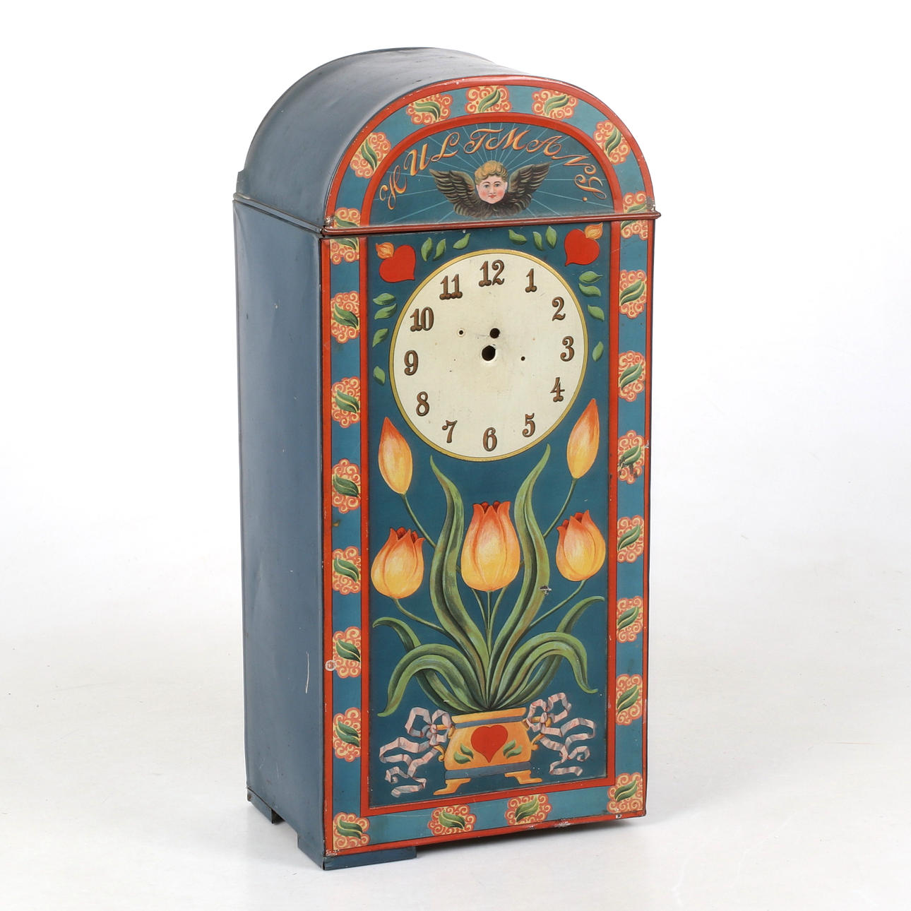 A lithographed tin can for clockwork, Hultmans. 20th century.