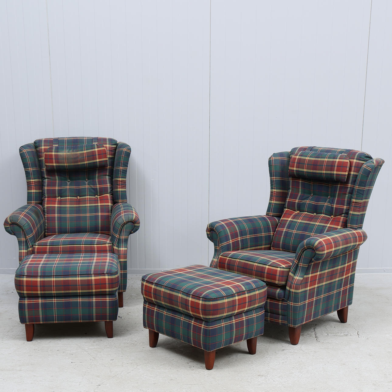 ARMCHAIRS with footstool, a pair, textile, adjustable backrest.