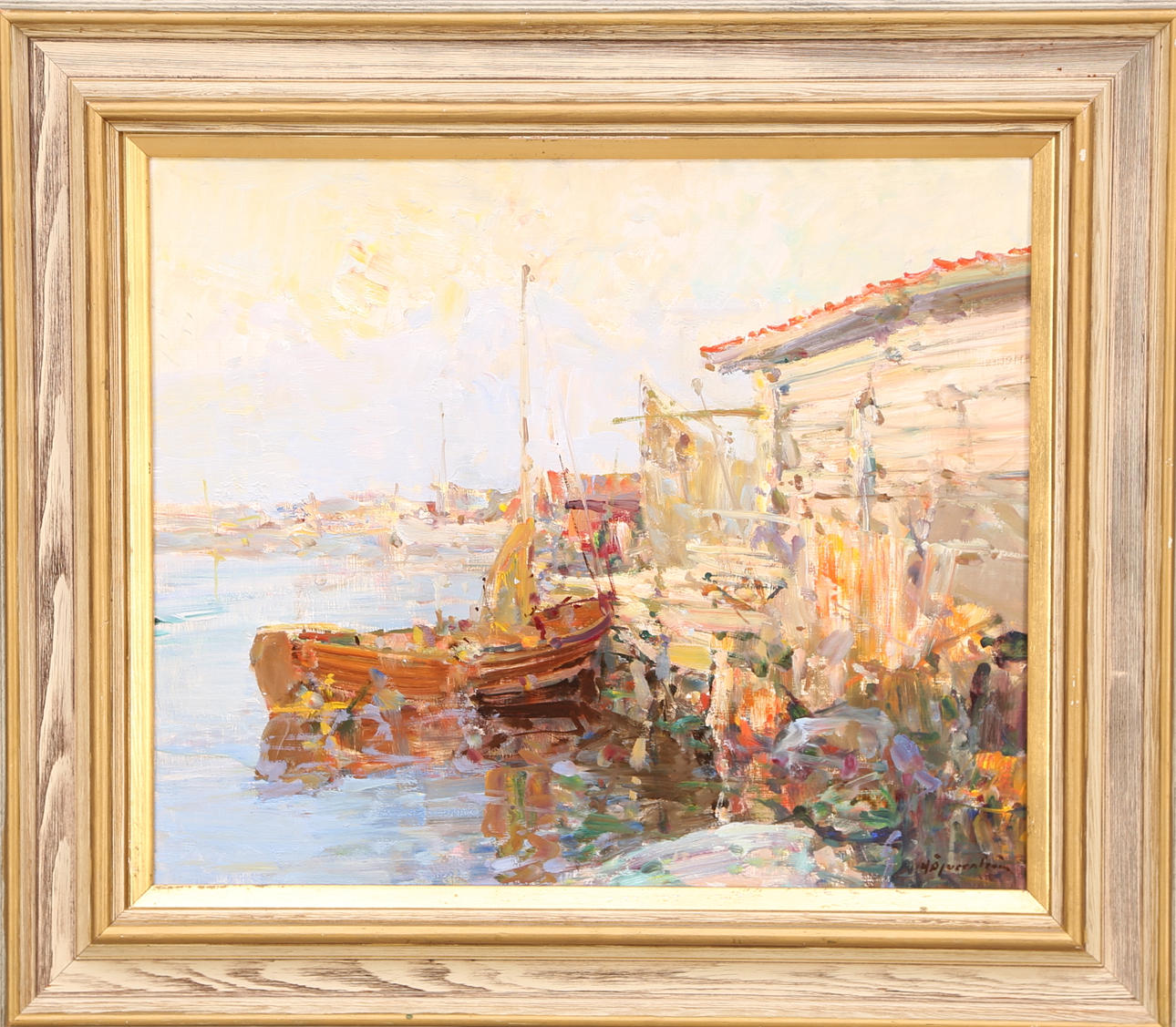 HUGO ÖFVERSTRÖM. TAVLA, olja duk, signerad H.Öfverström, båt vid bryggan.