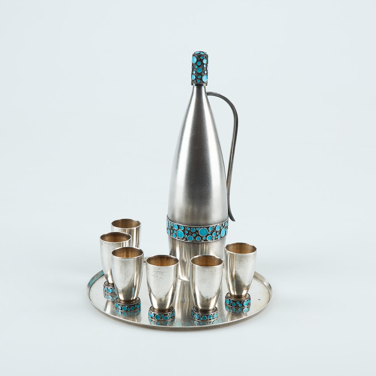 DECANTER, GLASSES, TRAY, silver, enamel. Soviet Union.