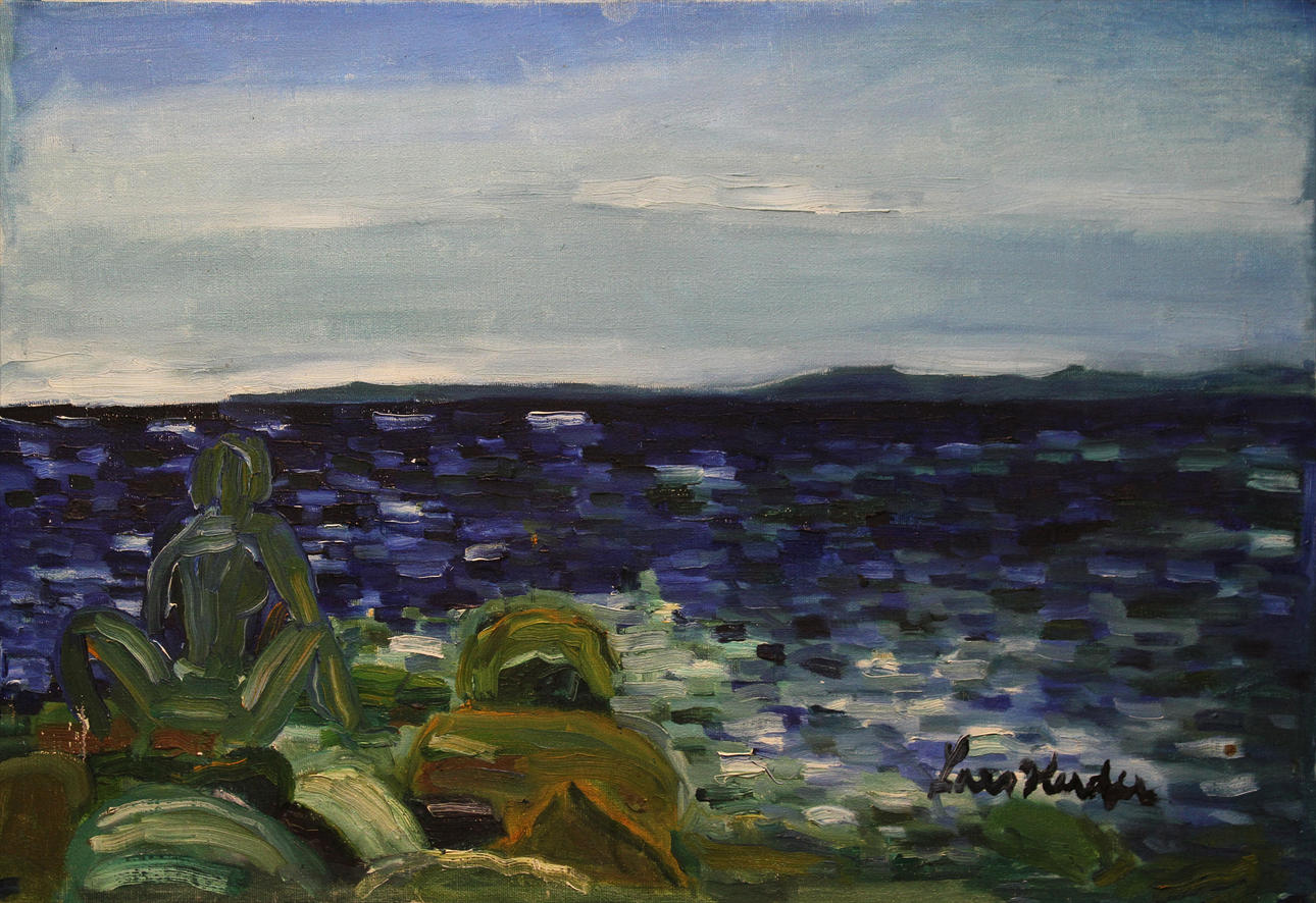 LARS HERDER. "Badplats". Olja på duk. Signerad.