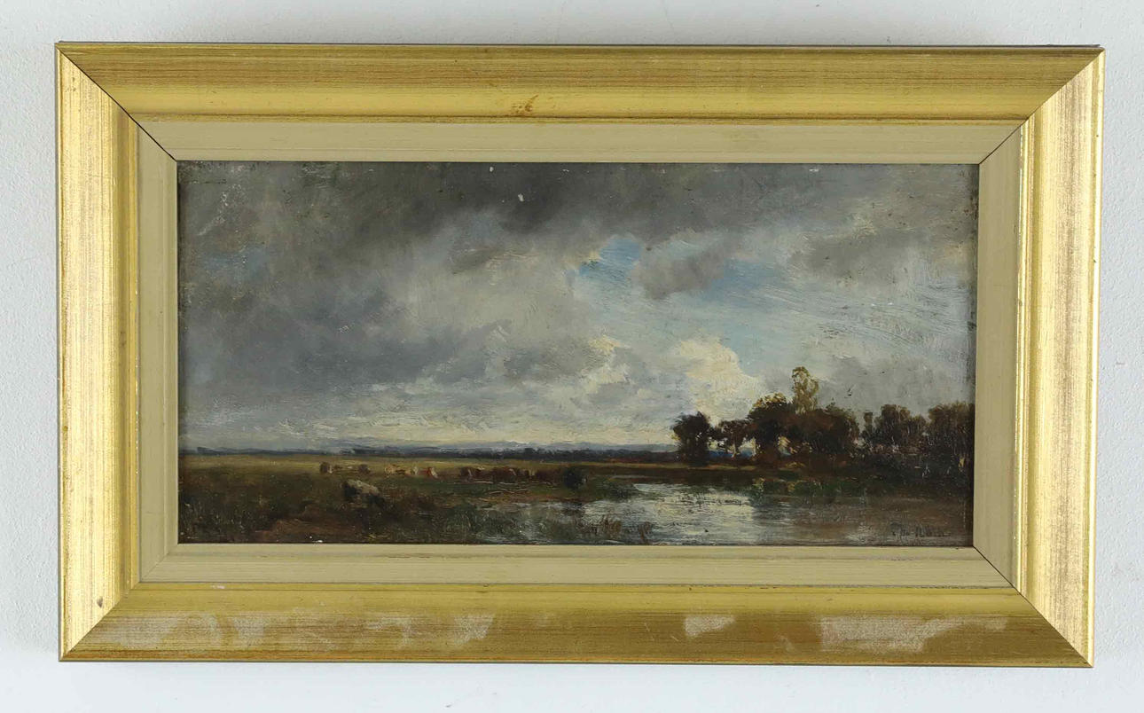 OIDENTIFIERAD KONSTNÄR. Oil on panel, Landscape picture with grazing cattle, signed.