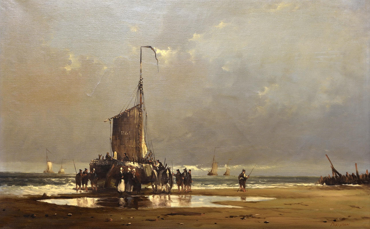 MOOIJMANN, THEODORUS JOHANNES (1938 AMSTERDAM - 1991). ”Holländsk fiskebåt lossning fångst”.